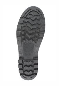 Zwarte rubberen laarzenzool met diep loopprofiel, voorzien van zigzag- en vierkante vormen voor grip. Inclusief identificatiemarkeringen en logo's.