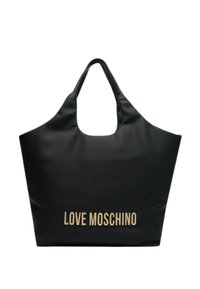 Borsa tote nera con un'ampia apertura curva e doppi manici. "LOVE MOSCHINO" è scritto in rilievo con lettere dorate sul davanti.
