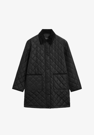 Zwarte gewatteerde jas met een corduroy kraag, drukknoopsluiting en twee grote vo pocket. Heeft een losse pasvorm en een ruitpatroon textuur.