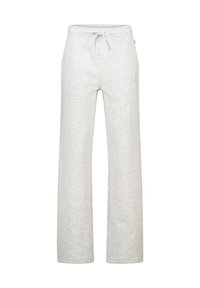 Gray cotton sweatpants with a drawstring waist, wide-leg design, and minimalistic styling, featuring a small logo on the left side.