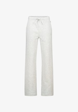 Pantalons de survêtement en coton gris avec taille à cordon de serrage, coupe large et style minimaliste, ornés d'un petit logo sur le côté gauche.