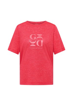 Rød T-shirt med korte ærmer med abstrakt "GOOD" tekstdesign og "TIMES AHEAD FOLLOW YOUR DREAMS" trykt foran i midten.