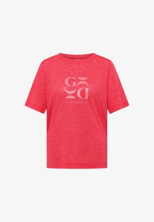 Rød T-shirt med korte ærmer med abstrakt "GOOD" tekstdesign og "TIMES AHEAD FOLLOW YOUR DREAMS" trykt foran i midten.