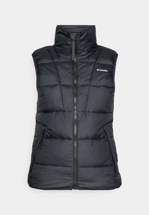 Zwarte puffer vest met hoge kraag, ritssluiting aan de voorkant en twee zijzakken. Heeft een gewatteerd patroon en een logo op de linkerborst.