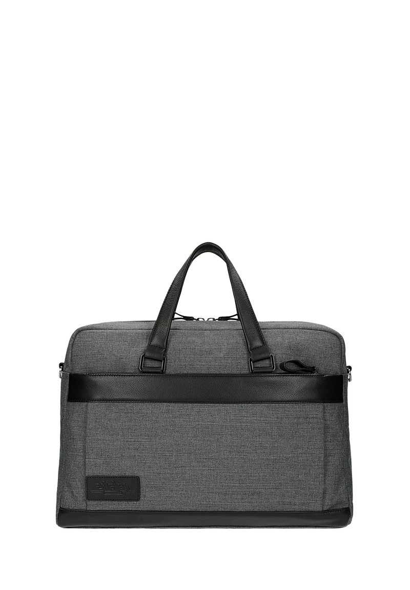 Borsa per laptop in tessuto grigio con dettagli in ecopelle nera, doppie maniglie e chiusura con cerniera superiore. Presenta una superficie testurizzata e un dettaglio con il marchio.