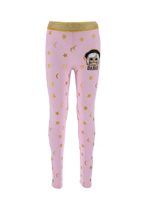 Pink leggings with a gold elastic waistband, featuring gold stars and crescent moon patterns, and a character graphic with the text "BABAY."
