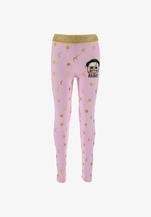 Rosa Leggings mit einem goldenen Gummibund, verziert mit goldenen Sternen und Halbmond-Mustern, sowie einer Charaktergrafik mit dem Text "BABAY."