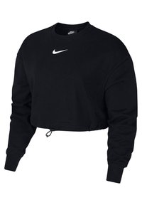 Svart croppad sweatshirt i mjukt material, med långa ärmar, rund hals och en liten vit Nike-logotyp på bröstet. Dragsko i nederkant.
