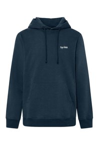 Felpa blu navy con tasca frontale, cappuccio con cordino e un piccolo logo bianco "Pepe Jeans" sulla parte superiore sinistra del petto. Tessuto morbido.