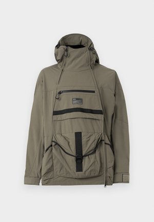Olive green hooded jacket in a lightweight material, featuring a zippered chest pocket, dual front pockets, and black accents. Adjuster cords present.