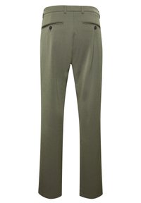 Olive green trousers with a smooth texture, featuring two back pockets with black buttons and a straight leg design.