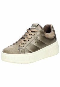 Sneaker in pelle bronzo con accenti in suede, punta rotonda, suola piatta testurizzata e occhielli metallici. Presenta chiusura con lacci e cavigliera imbottita.
