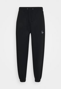 Black jogger pants made of soft fabric, featuring an elastic waistband with drawstring, cuffed ankles, and a small white logo on the front.