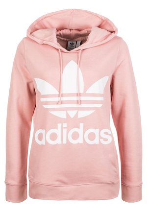 Pink Adidas hættetrøje med hvid trefoil-logo og "adidas" tekst foran, med lange ærmer og justerbar hætte med snore.