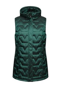 Gilet imbottito con cappuccio di colore verde scuro, caratterizzato da un design a trapunta a zigzag, chiusura frontale con bottoni a scatto e una superficie liscia e lucida.