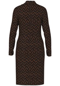 Langärmliges Kleid aus braunem Stoff mit Zickzackmuster, das eine figurbetonte Silhouette und einen Reißverschluss auf der Rückseite hat.