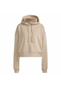 Beige kortärmad hoodie i mjukt tyg, med snörning i huvan, långa ärmar och en liten vit logotyp tryckt på bröstet.