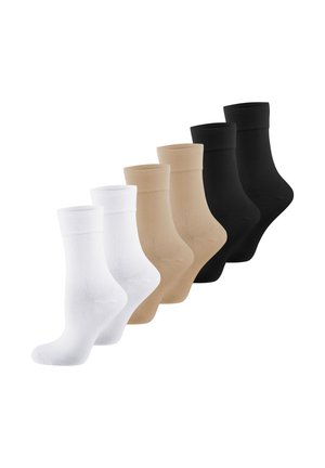 Six pairs of crew-length socks in white, beige, and black colors arranged in a row with a white background.
