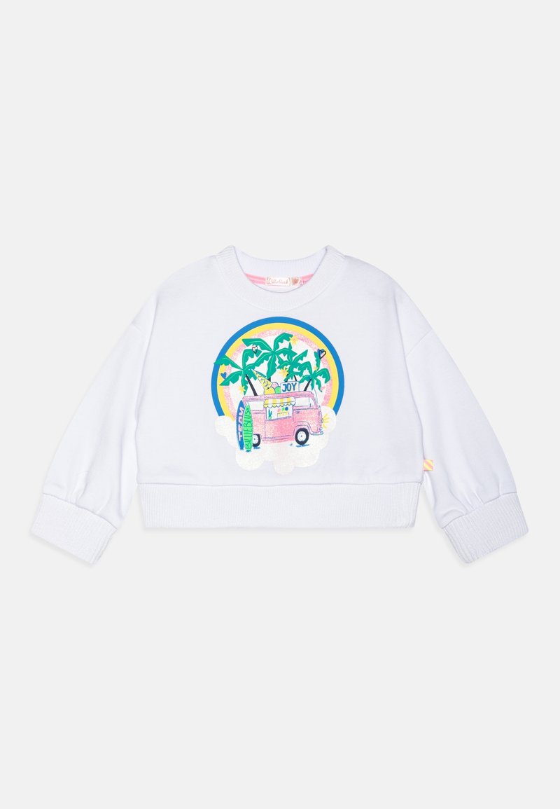 Sweatshirt blanc coupé avec un motif rond représentant une camionnette rose, des palmiers verts et des accents colorés. Poignets et ourlet côtelés.