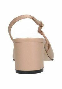 Sandaletta nuda in pelle con tacco a blocco e cinturino alla caviglia regolabile, suola nera. Texture liscia con design minimale e chiusura sicura.