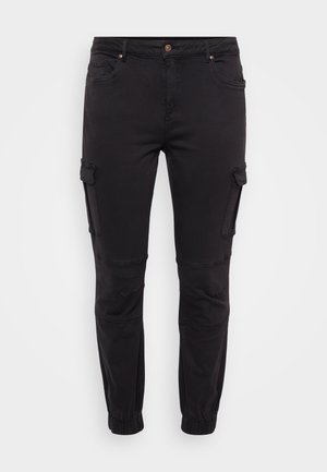 Pantalones cargo negros de mezcla de algodón, con bolsillos laterales, puños elásticos y detalles de costura en las rodillas para un ajuste estructurado.