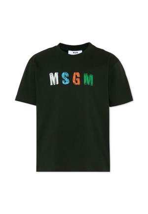 T-shirt noir à manches courtes avec les lettres colorées "MSGM" en blanc, bleu, orange et vert centrées sur la poitrine.
