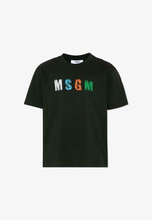 T-shirt noir à manches courtes avec les lettres colorées "MSGM" en blanc, bleu, orange et vert centrées sur la poitrine.