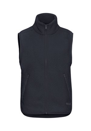 Fleece-Weste in dunkelblau mit hohem Kragen, Frontreißverschluss und zwei Seitentaschen. Markante strukturierte Oberfläche für Wärme und Komfort.