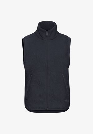 Gilet en polaire bleu marine foncé avec un col haut, fermeture zippée sur le devant et deux poches latérales. Surface texturée distinctive pour chaleur et confort.