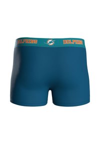Tyrkysové boxerky se širokým tyrkysovým pasem, na kterém je nápis „DOLPHINS“ oranžovou barvou a logo delfína. Hladká tkanina a těsný střih.
