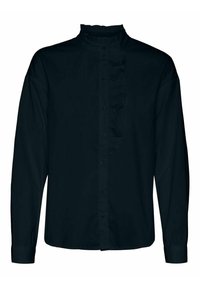 Maglietta nera a maniche lunghe con colletto alto arricciato e patta frontale caratterizzata da ruffles decorativi e bottoni, realizzata in tessuto liscio.