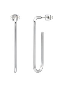 Orecchini in metallo argentato con un design elegante e allungato; caratterizzati da una forma sottile e ad anello con una finitura lucida e discreta.