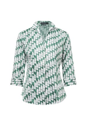 Blusa verde e bianca con motivo a fantasia, colletto, maniche a tre quarti e chiusura frontale con bottoni. Presenta un design geometrico.