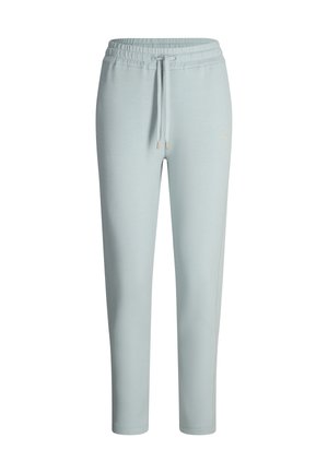 Jasnoniebieskie spodnie dresowe wykonane z miękkiej tkaniny, z elastycznym pasem i regulowanym sznurkiem. Ozdobione subtelnym logo w kolorze złotym.