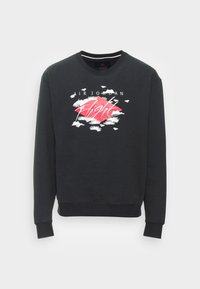 Black sweatshirt with crew neck, featuring a graphic print of "AIR JORDAN Flight" in white and red, surrounded by cloud details. Soft texture.