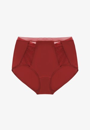 High-waisted red women's underwear with lace panels on front sides and a scalloped elastic waistband.