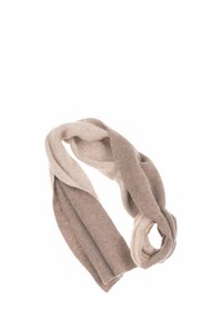 Sciarpa lavorata a maglia in toni beige, con un design attorcigliato. Texture morbida con sfumature diverse. Leggera e versatile per vari stili.