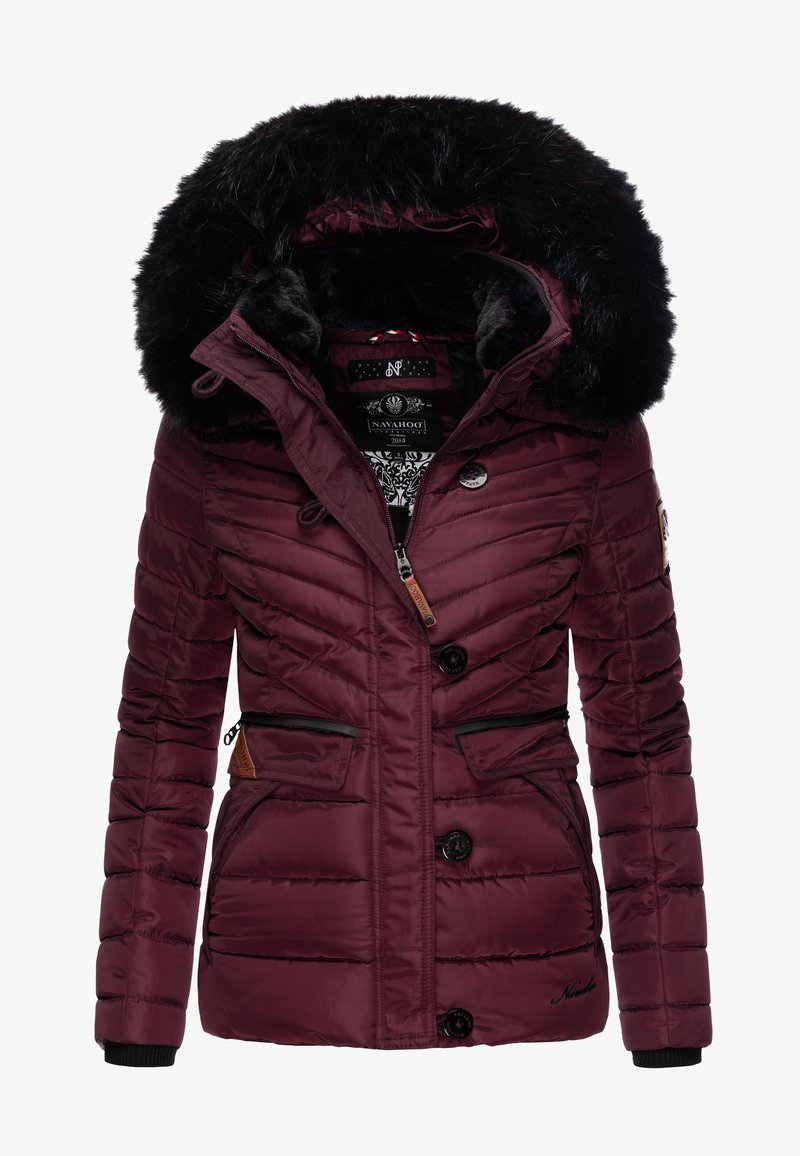 Burgundy puffer jacket with a black faux fur hood, featuring a zip closure, two zippered front pockets, and decorative stitching.