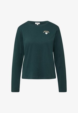 Donkergroene longsleeve t-shirt gemaakt van zachte stof, met een ronde halslijn en geborduurde tekst "BONJOUR MON AMOUR" met een hartgrafiek.