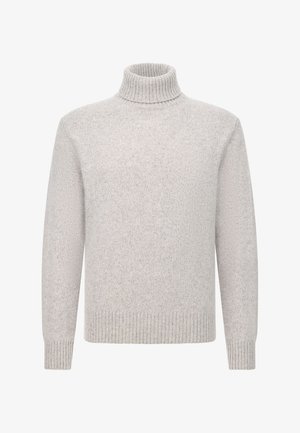 Hellgrauer Rollkragenpullover aus weichem Strickmaterial. Mit einem gerippten Hals- und Saumabschluss, lockerem Schnitt und langen Ärmeln.