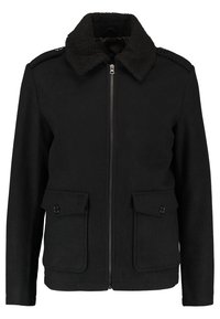 Svart jacka med dragkedja fram, fårskinnskrage, två framfickor med lock och axelvira, tillverkad av en ullblandning.