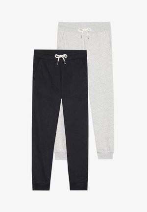 Two pairs of sweatpants: one black and one light gray. Both feature elastic waistbands with drawstrings and side pockets. Cotton blend fabric.