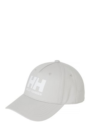 Lichtgrijze baseballpet met wit "HH Helly Hansen" logo aan de voorkant, voorzien van een ontwerp met zes panelen en een gebogen klep.