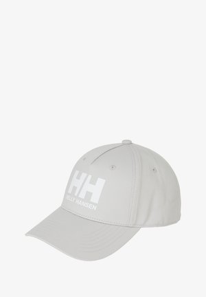Lichtgrijze baseballpet met wit "HH Helly Hansen" logo aan de voorkant, voorzien van een ontwerp met zes panelen en een gebogen klep.