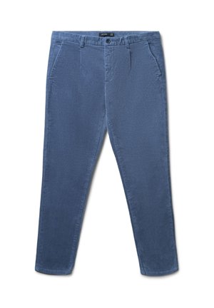 Pantalons chino en coton bleu avec une texture lisse, coupe slim, poches avant et fermeture à bouton à la taille.