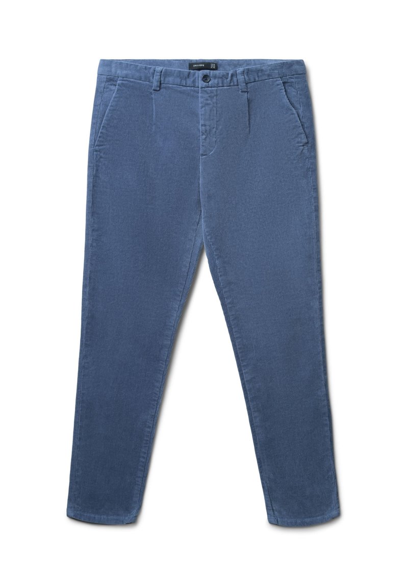 Pantaloni chinos in cotone blu con una superficie liscia, taglio slim, tasche frontali e chiusura a bottone in vita.