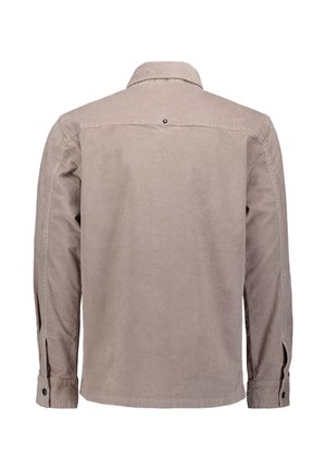 Beige langärmliges Hemd mit Knopfleiste, von hinten gezeigt, mit Kragen und geknöpften Manschetten.