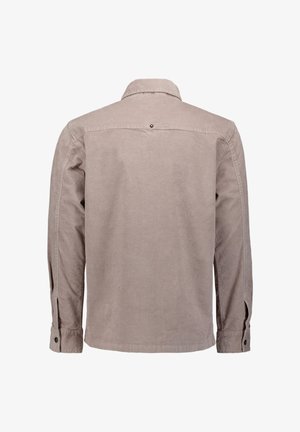 Beige langärmliges Hemd mit Knopfleiste, von hinten gezeigt, mit Kragen und geknöpften Manschetten.