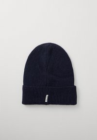 Navy blue knit beanie made of ribbed fabric; features a folded cuff and small label on the side. Soft texture, fitted shape.