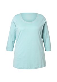 Hellblaues Langarm-T-Shirt mit rundem Ausschnitt und dekorativen Nähten am Hals. Weicher, glatter Stoff mit lässigem Schnitt.
